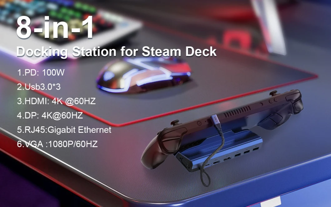 Hoomc 8 in 1 Steam Deck Dock Pd USB3.0 1000m HDMI Dp VGA Steam Deck Stand with USB